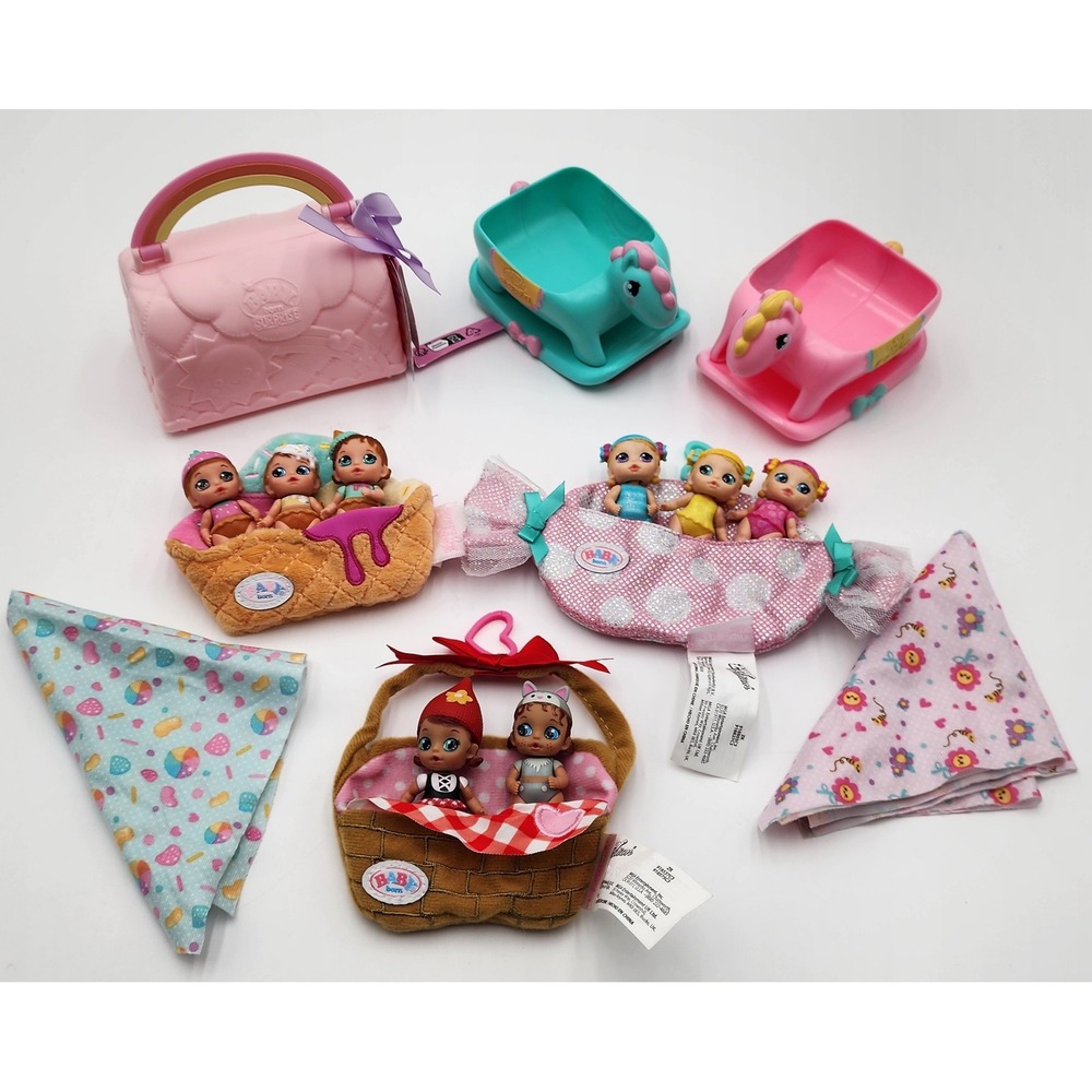 Baby Born Surprise Mini Doll Lot 8 Dolls Case Rockers Carriers Riding Hood Wolf